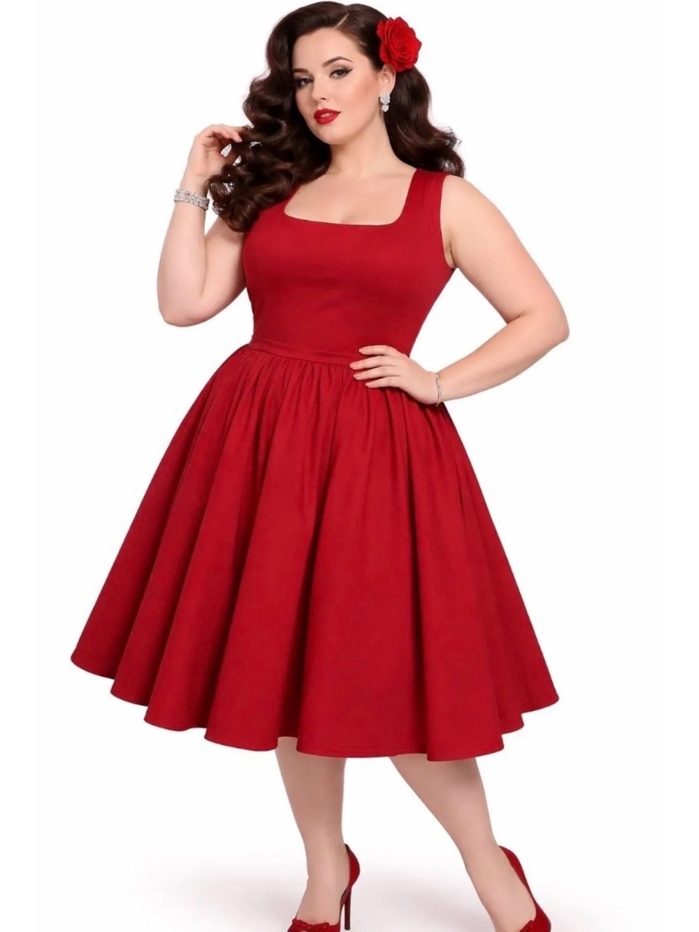 Elegant Red Sleeveless Midi Dress with Square Neck